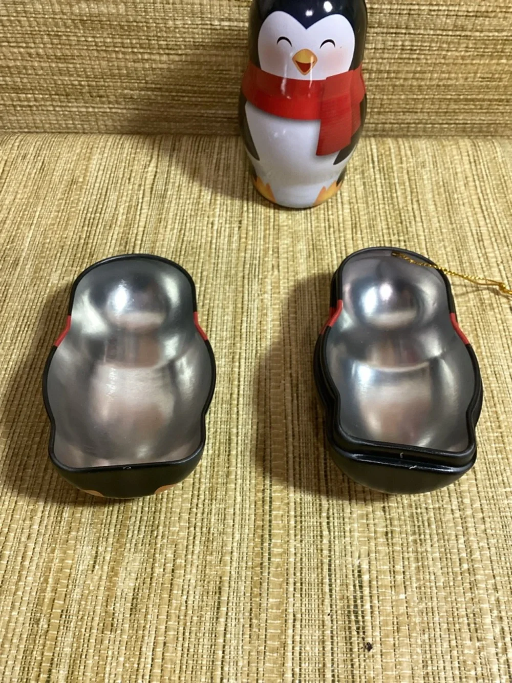 Vintage Bee International Red-Scarf Penguin Holiday Candy Tin Ornaments -